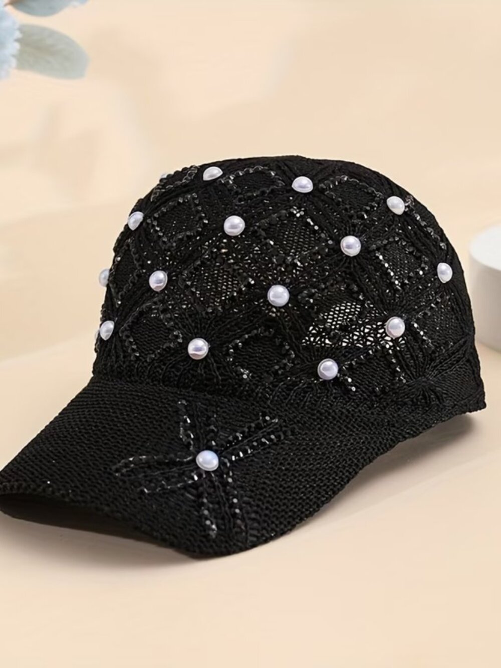 Baseball Hat Cap Clover Pearl Hat Versatile Pearl Rhinestone Black